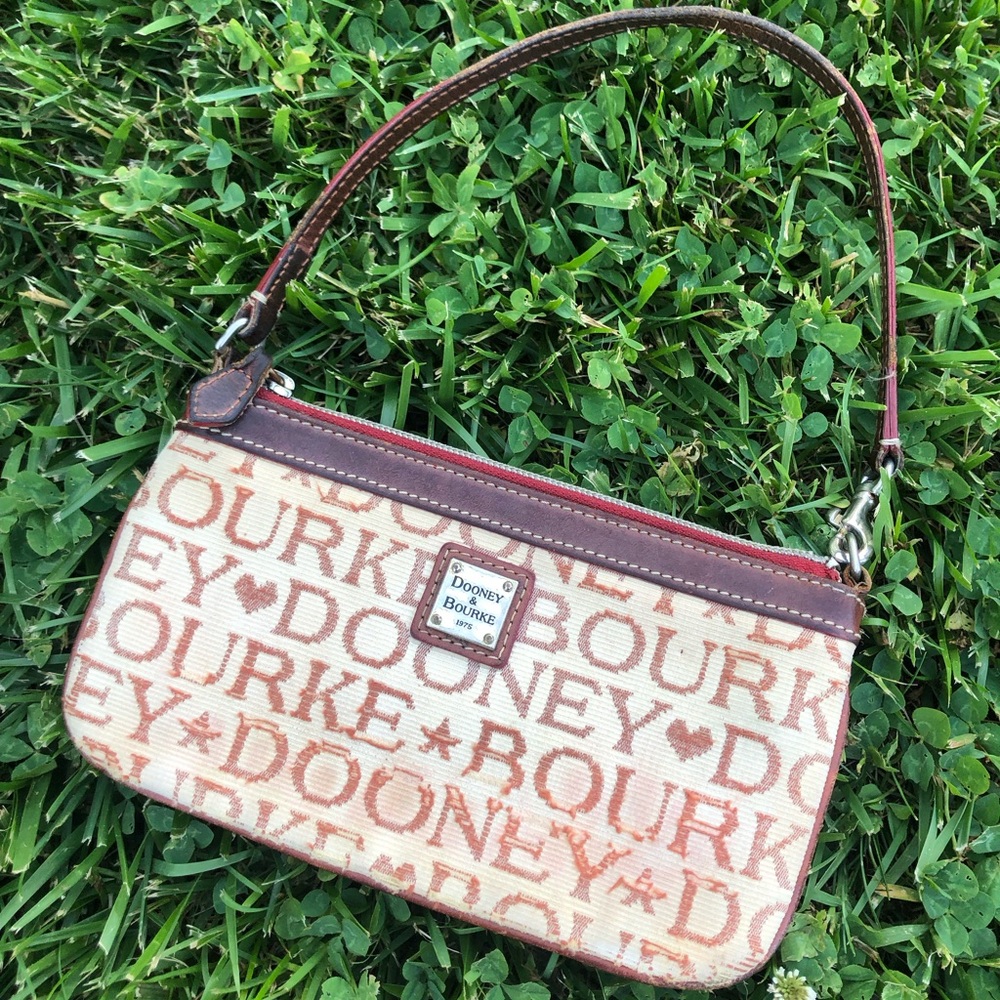 Dooney & Bourke Beige and Brown Logo Jacquard Wristlet with Red Zip Trim